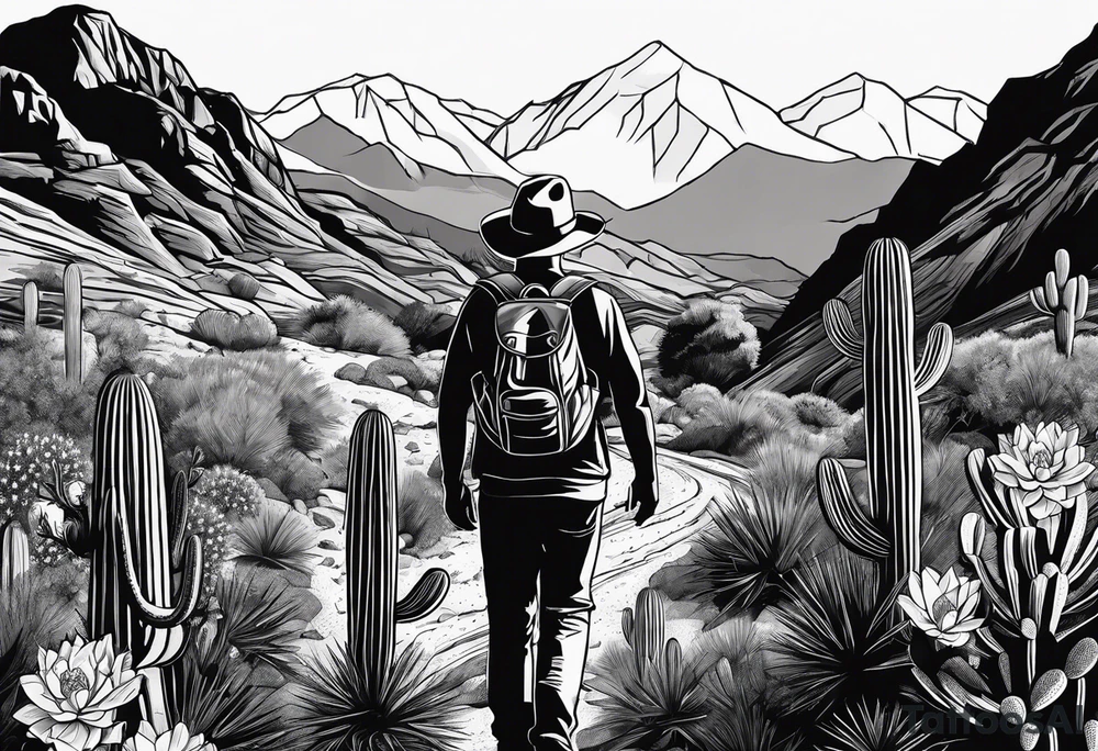 Couple hiking, cactus, mountains tattoo idea