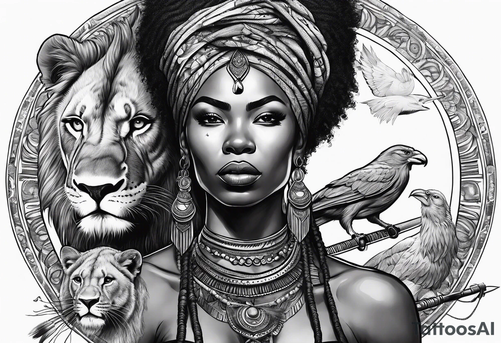 African woman warrior holding spear with deadlocks and earrings. With lion and birds in the background tattoo idea