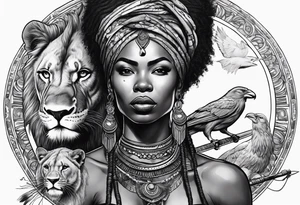 African woman warrior holding spear with deadlocks and earrings. With lion and birds in the background tattoo idea