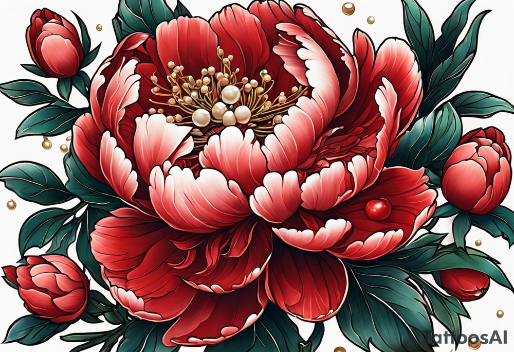 Red peony with dandling pearls and bunny tattoo idea
