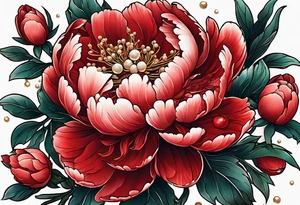 Red peony with dandling pearls and bunny tattoo idea