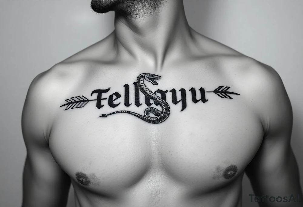 telugu text on chest with arrow and snake tattoo idea
