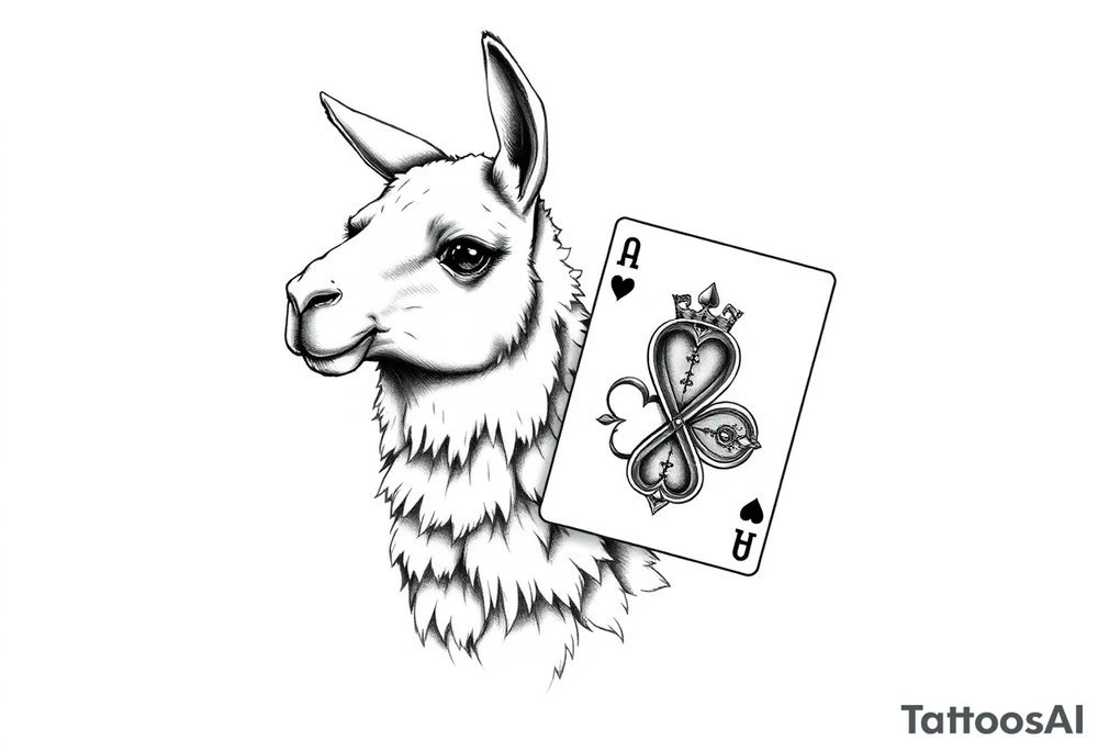 A llama with 2 of hearts and 4 of hearts playing cards tattoo idea