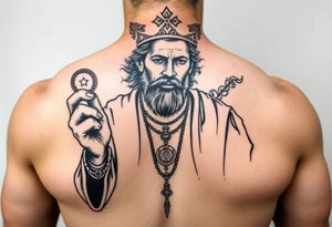 Saint Judas Mexican with his coin in hand and fingers in the air with smoke in the back ground… tattoo idea