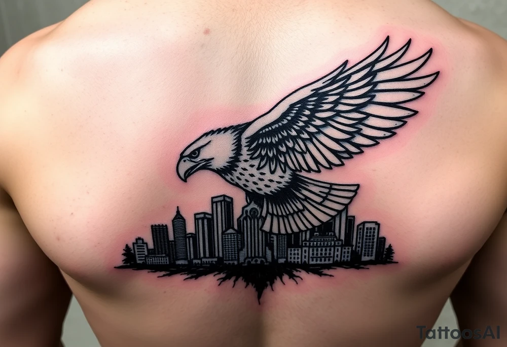 Philadelphia Eagle flying over Philadelphia city skyline with a Go Birds under it tattoo idea