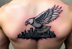 Philadelphia Eagle flying over Philadelphia city skyline with a Go Birds under it tattoo idea