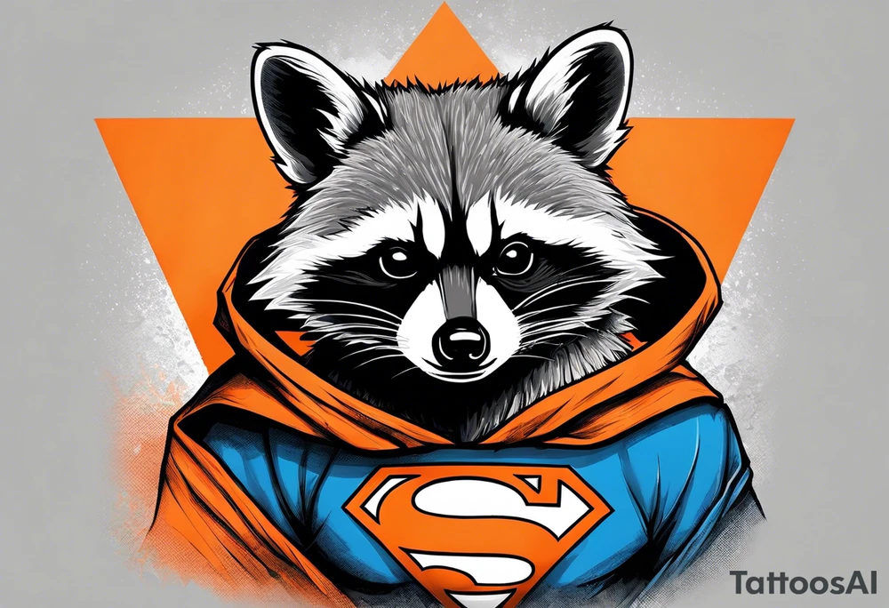 Raccoon wearing an orange Superman hoodie tattoo idea