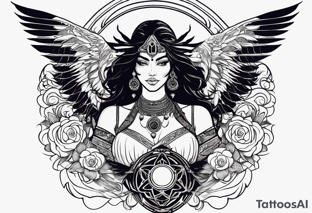 black kali, goddess pirate, alien, angel, pachamama, valkrye, warrior, flying, skull, lotus azul, wing, eagle, zenza resonance, stars, 5D, anahata chakra, death, durga, riding on a tiger, flying lady tattoo idea
