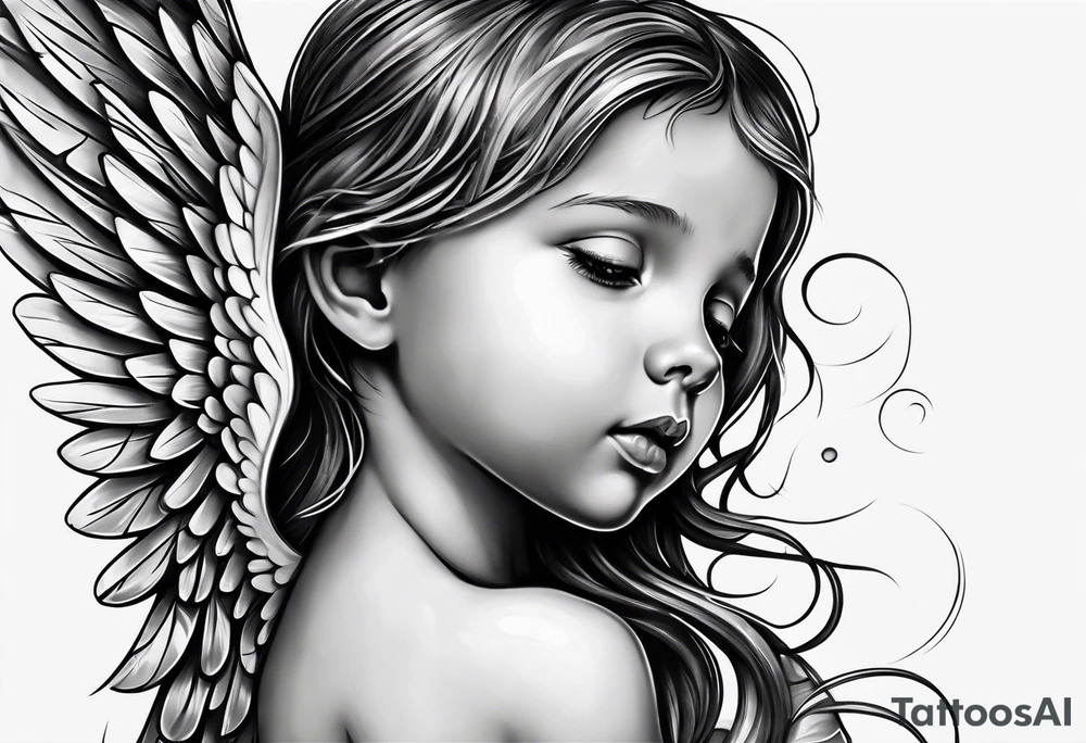 Angel covering a kid with holes in its wings and teardrops coming out of the angel tattoo idea
