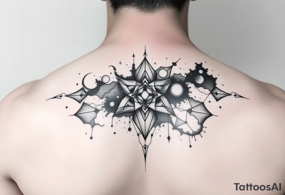 nebula that covers the upper middle back and is geometric that also uses negative spaces tattoo idea