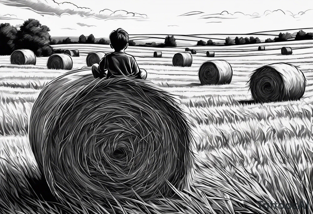 A boy sitting on top of a twisted bale of hay in a field where you can see the same bales of hay in the distance, and a tattoo idea
