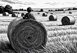 A boy sitting on top of a twisted bale of hay in a field where you can see the same bales of hay in the distance, and a tattoo idea