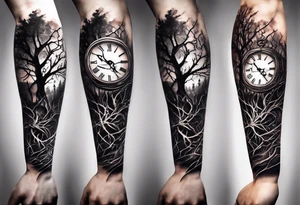 tattoo sleeve, tree roots break out of the chains at the bottom of the hand, Symbolizing loss, an image of a broken mask, Clock with flying numbers, tattoo idea