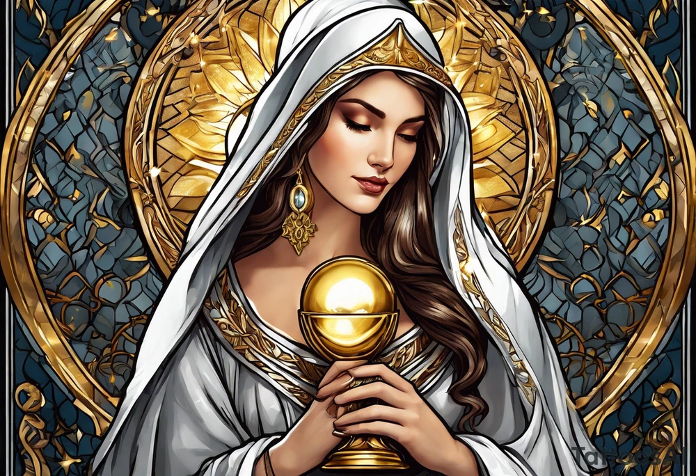 woman saint holding chalice surrounded by golden halo tattoo idea