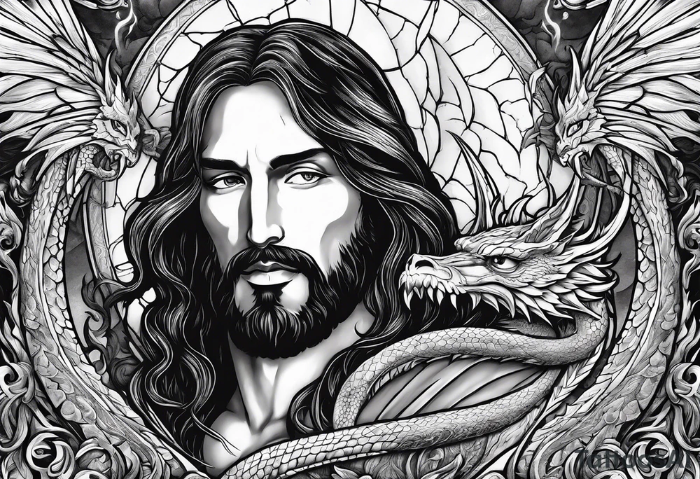 Jesus stabbing a dragon in the heart with a flaming sword tattoo idea