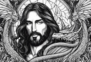 Jesus stabbing a dragon in the heart with a flaming sword tattoo idea