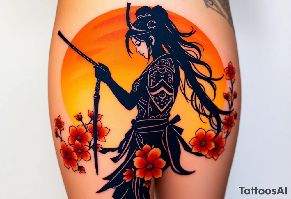noble female samurai warrior silhouette at sunset with flowers, yellows and reds tattoo idea