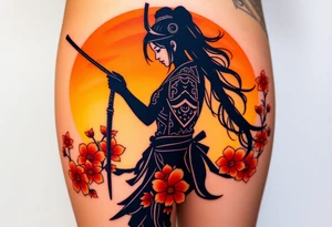 noble female samurai warrior silhouette at sunset with flowers, yellows and reds tattoo idea