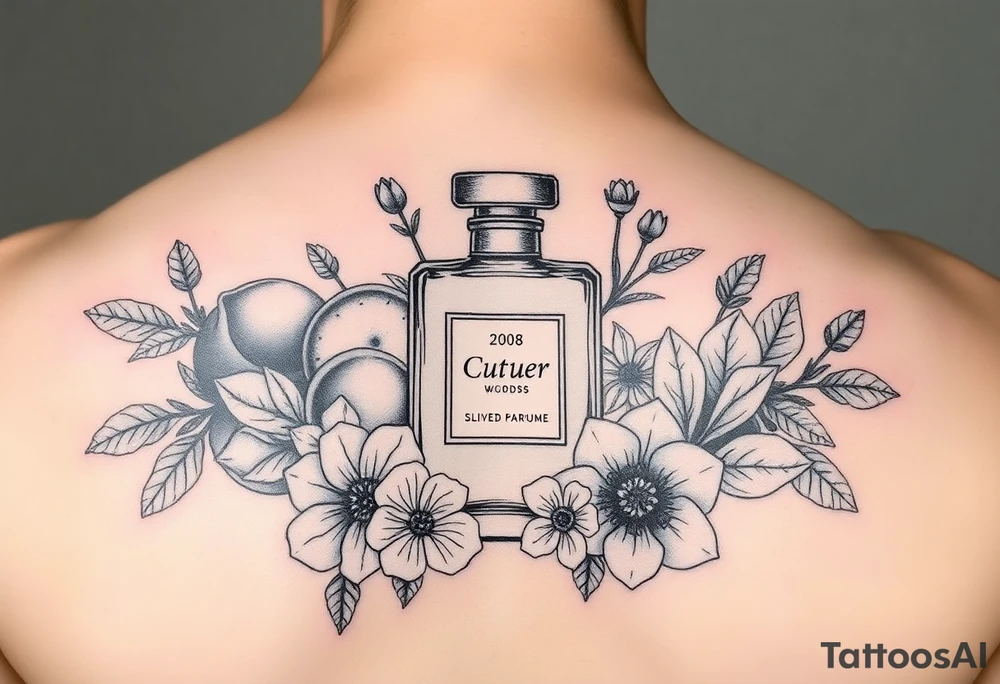 Modern perfume bottle surronded by slived citruses, woods, water and violet flowers tattoo idea