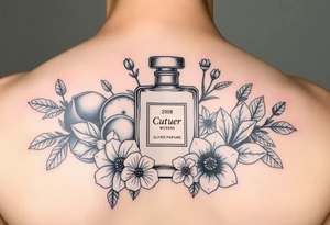 Modern perfume bottle surronded by slived citruses, woods, water and violet flowers tattoo idea