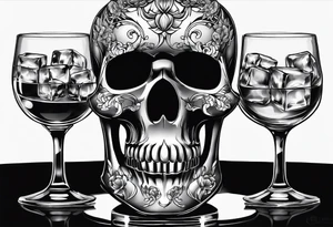 Whiskey glass with skull ice cubes tattoo idea