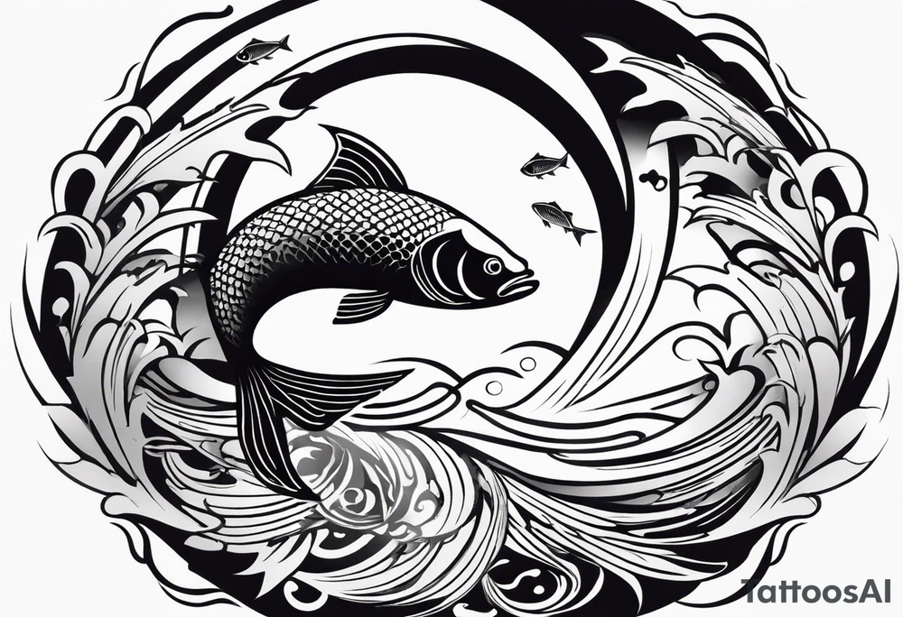 Design a half-sleeve tattoo in a smooth, shaded style with black and grey tones. The central focus is two fish swimming in a circular motion, like a yin-yang, gracefully moving in a loop. The fish should have flowing tails and fins, with soft shading that gives a sense of motion and balance.

Surround the fish with a bed, where a man is lying down but his feet stick out, symbolizing discomfort or not fitting in. The bed should blend subtly into the background, using minimal lines, to avoid distracting from the fish. The sheets or bed frame should flow into the circular motion created by the fish.

Add an astronaut floating nearby, connected to the bed scene. The astronaut should appear weightless, as if drifting in space, with their posture relaxed and slightly tilted, fitting within the circular flow of the fish. Clouds should form softly around the astronaut and the bed, blending into the scene to create a dreamy, ethereal background.

From one side of the circular fish motion, flames should emerge, adding dynamic energy to the design. The flames should be subtle but lively, with light shading, balancing the softness of the clouds with some intensity.

Finally, include the text "MMIX" in bold, sketchy font either below or beside the main design. The text should be clear but in harmony with the hand-drawn style of the fish and flames. tattoo idea