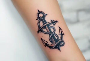 weathered anchor wrapped in nautical rope with sea waves tattoo idea