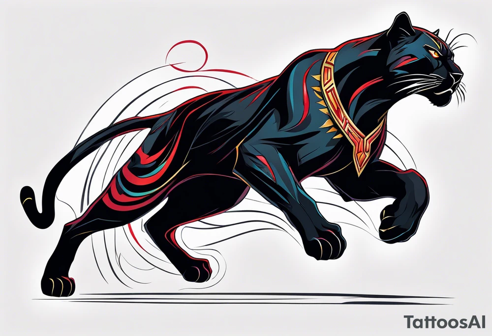 unique black panther tattoo, dynamic pose, showcasing its strength and grace, striking red eyes, intense and captivating elements, artistic flair, blending realism with abstract elements tattoo idea