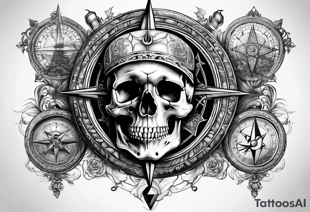 Skull, hourglass, compass tattoo idea