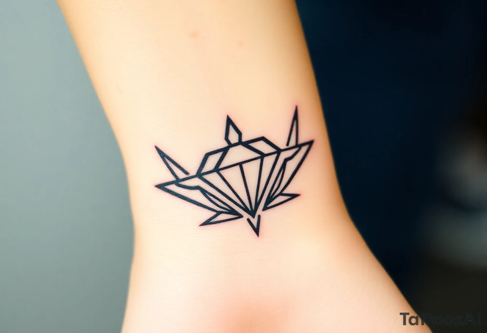 A single, large diamond centered within a sleek, minimalist crown, outlined in fine black ink with a subtle gold shadow to add depth. tattoo idea