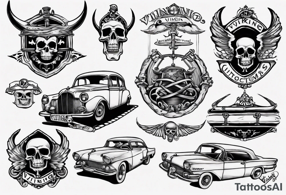 I want a tattoo of an old vintage open ceiling car and a skeleton in the back with the name “Viking Customs” incorporated in the design tattoo idea I want a tattoo of an old vintage open ceiling car and a skeleton in the back with the name “Viking Customs” incorporated in the design tattoo idea