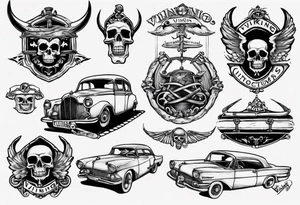 I want a tattoo of an old vintage open ceiling car and a skeleton in the back with the name “Viking Customs” incorporated in the design tattoo idea
