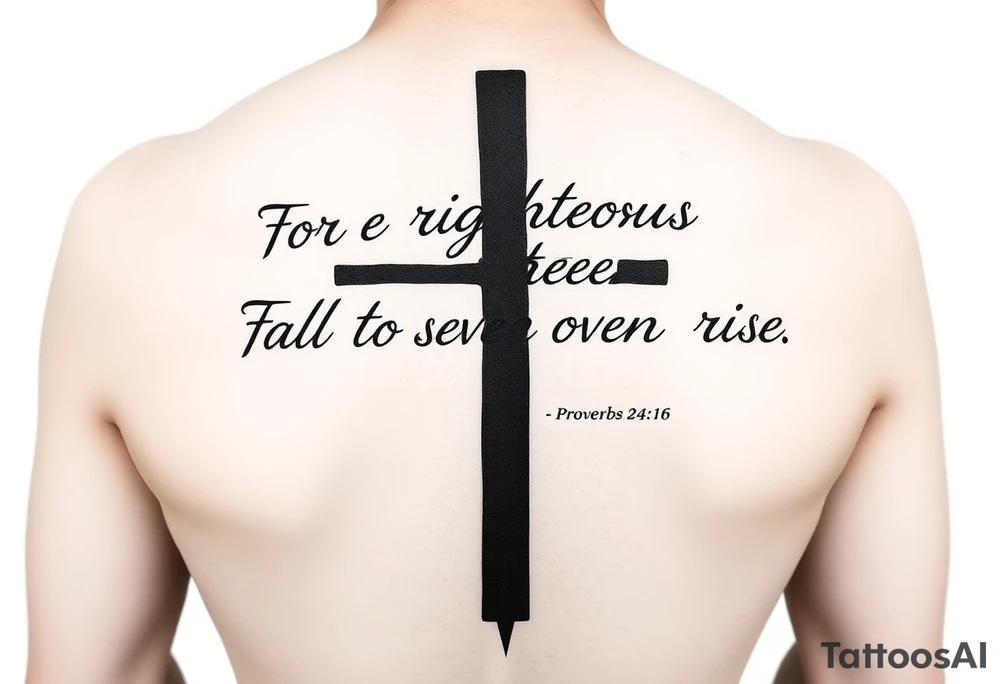 A top-of-forearm vertical tattoo stencil layout. A large, bold, solid black minimalist Christian cross acts as the central background anchor running the entire length of the design. Weaving gracefully over and around the hard lines of the cross is the full bible verse written in a heavy, legible Chicano-style cursive lettering: "For the righteous falls seven times and rises again. Proverbs 24:16". High-contrast blackwork, sharp linework, crisp text, on a completely blank stark white backdrop with zero clouds and zero gradient backgrounds. tattoo idea