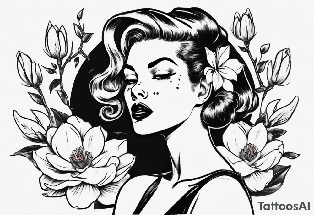 pin-up style queen with retro features surrounded by magnolia flowers tattoo idea