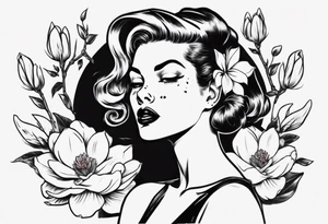 pin-up style queen with retro features surrounded by magnolia flowers tattoo idea