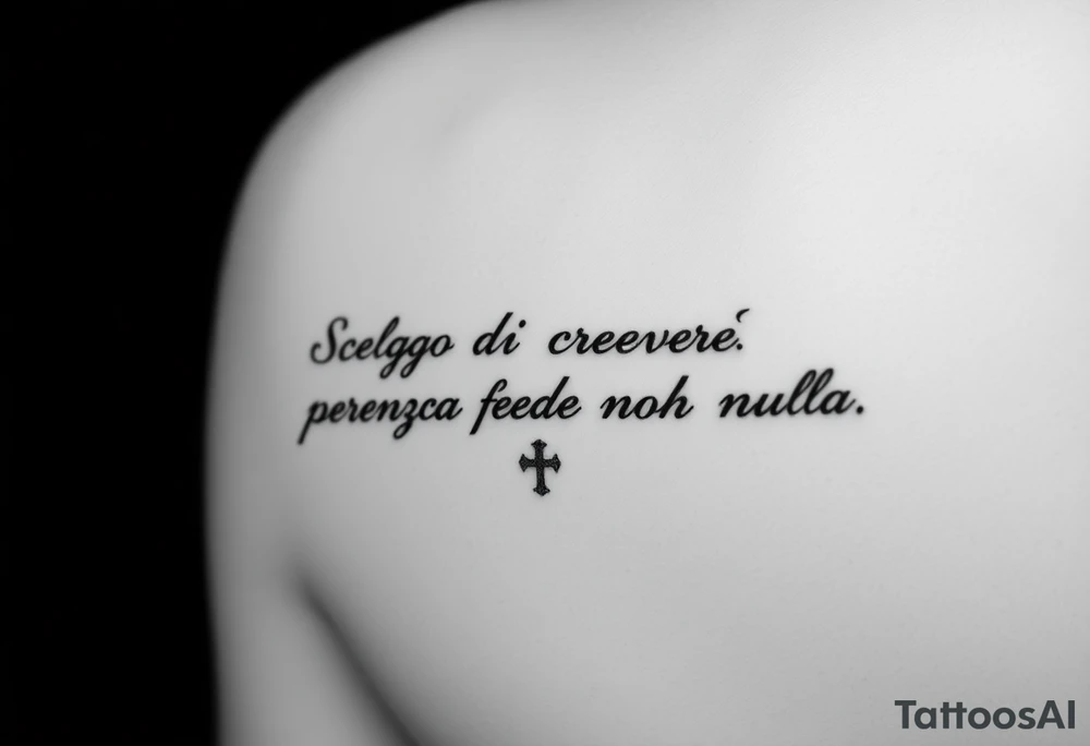 I want a tattoo with the quote “Scelgo di credere, perché senza fede non ho nulla.” Before the quote, I want a small cross. I’d like it to be written in a handwritten, elegant font on a single line, slightly curved to follow the shape of the placement. I want to place it on the lower part of my forearm, from the wrist toward the elbow. tattoo idea