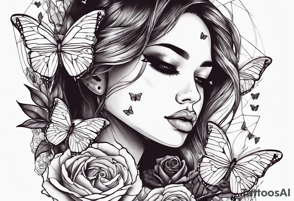 Sunset, rose, butterflies, dragonflies, woman half face with tears tattoo idea