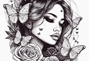 Sunset, rose, butterflies, dragonflies, woman half face with tears tattoo idea