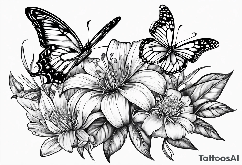 Butterflies with lilys, asters and morning glories tattoo idea