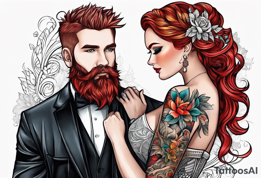 Busty red haired woman with a bearded man who has black hair getting married tattoo idea