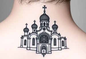 medium sized Russian orthodox church with bulb domes with a prominent russian orthodox mosaic tattoo idea