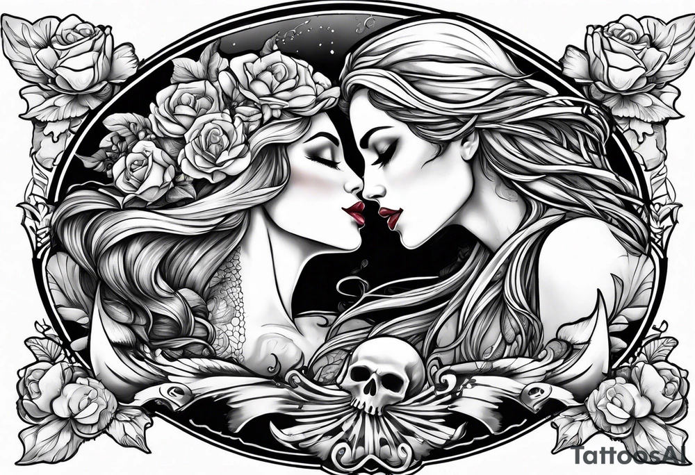 mermaid kissing a sailor with skulls tattoo idea