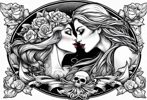 mermaid kissing a sailor with skulls tattoo idea