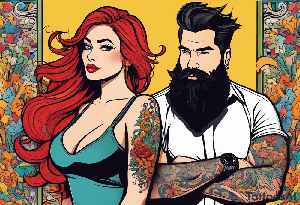 Busty red haired woman with a bearded man who has black hair tattoo idea