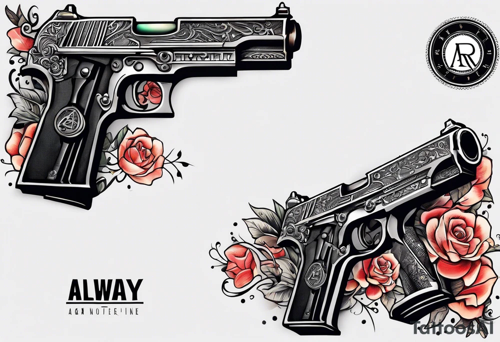 The letters AR with a pistol on each side and the word always on the top and the word ready on the bottom tattoo idea