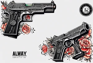 The letters AR with a pistol on each side and the word always on the top and the word ready on the bottom tattoo idea
