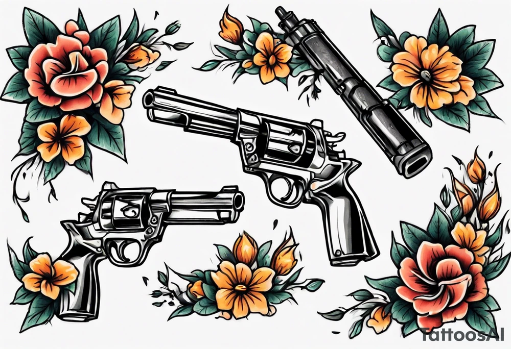 Gun with flowers sketch old school styles tattoo idea