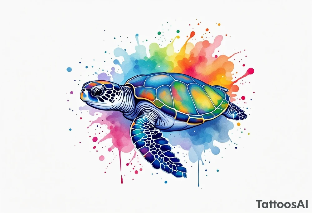 Sea turtle with rainbow watercolor splashes behind it tattoo idea