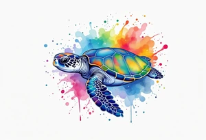 Sea turtle with rainbow watercolor splashes behind it tattoo idea