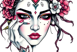 Young woman putting scary ritual make up on tattoo idea